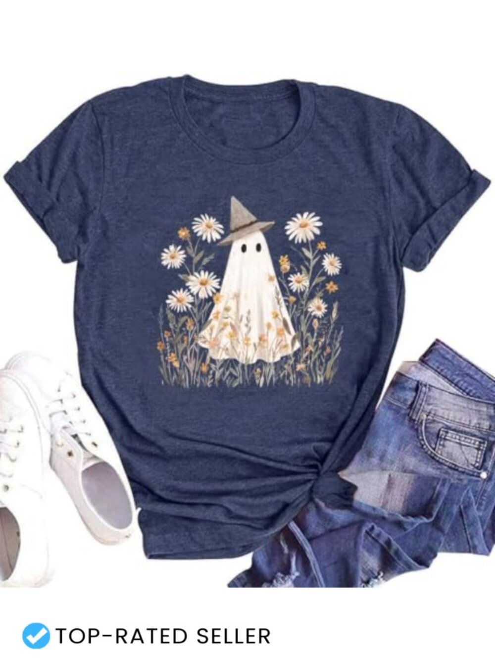 Women's Floral Ghost Halloween Tee Crew Neck